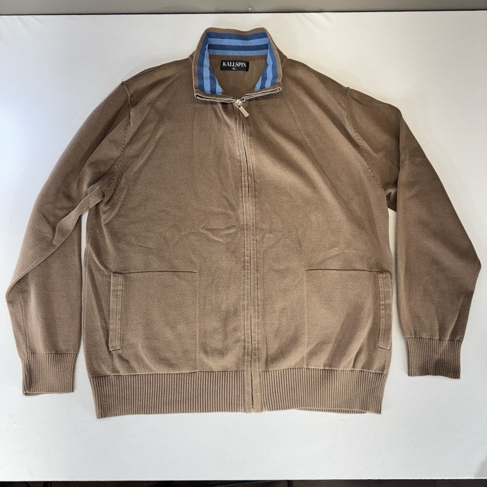 Kallspin‎ Full Zip Sweater Brown Blue Men's XL Cotton Nylon Casual Long Sleeve